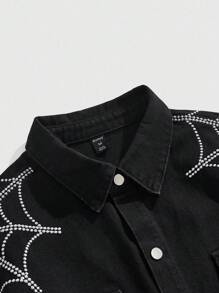 ROMWE MEN Goth Men's Spider Web Embroidered Short Sleeve Single-Breasted Casual Denim Shirt, Halloween - Black - View 3