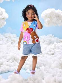SHEIN X Care Bears T-shirt à manches courtes avec motif ours de dessin animé mignon et blocs de couleur, convient pour le printemps, l'été et l'automne