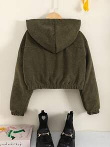 SHEIN Tween Girl 宽松休闲落肩连帽短款灯芯绒夹克 - 軍綠色 - View 3