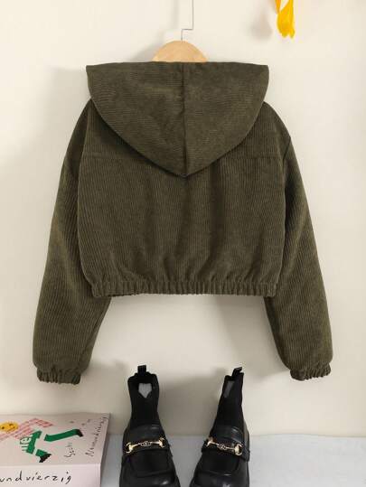 SHEIN Tween Girl 宽松休闲落肩连帽短款灯芯绒夹克