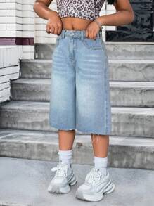 SHEIN Shorts vaqueros lavados informales para niñas preadolescentes, verano - Azul - Ver 3