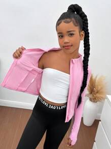 SHEIN Tween Girls' Lightweight Zip-Up Jacket, Breathable Sports Coat For Running, Gym, Yoga, All Season,In Fall/Winter