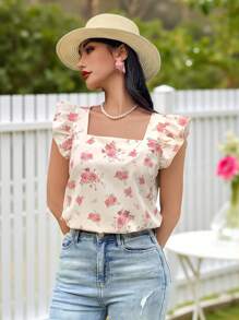 KARISMINA 夏季外出度假约会衬衫，女士方领盖袖花朵印花浪漫假日衬衫，海滩派对穿着性感女士衬衫，夏季假日沙滩衬衫，返校连衣裙，非常简单的连衣裙，办公室连衣裙，老款连衣裙，教师连衣裙，约会连衣裙，外出参加婚礼季闺蜜下午茶派对假日外套，外出参加音乐节外套 - 彩色 - 查看 4