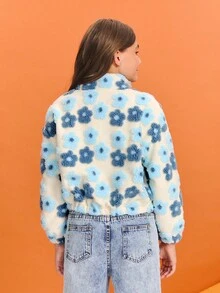 SHEIN Tween Girls' Casual Jacquard Knit Stand Collar Long Sleeve Jacket - Blue and White - View 2