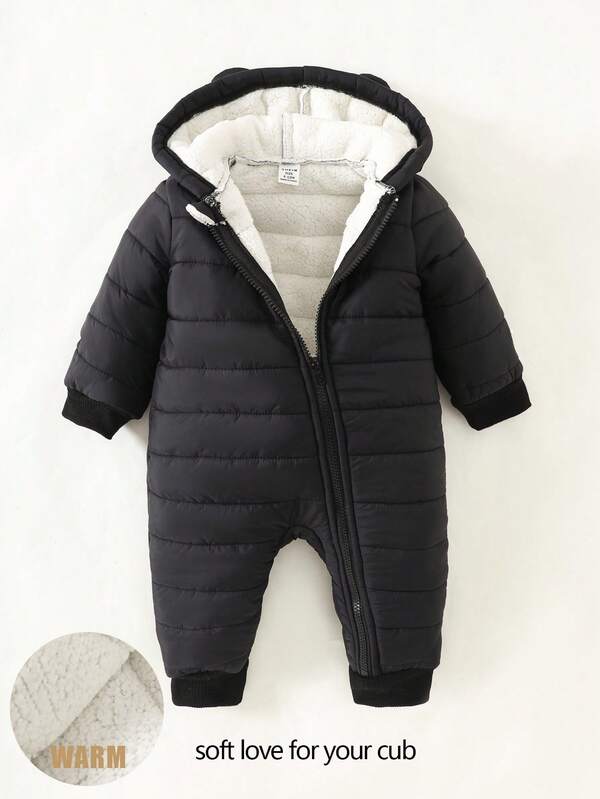 SHEIN Baby Boy Infant Toddler 0-3 Years Old Casual Daily Versatile Thermal Lined Flannel Furry Bear Ear Hooded Jumpsuit, Warm For Winter Outdoor