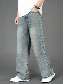 SHEIN 青少年男童新款水洗时尚宽松直筒牛仔裤，街头风休闲百搭牛仔裤，四季皆宜，秋冬季时尚有型。 - 中等水洗藍 - 查看 7