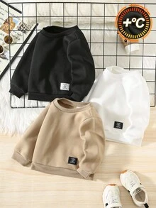 SHEIN 3件套男婴休闲可爱运动街头风百搭卫衣，黑/白/卡其色，舒适时尚，适合春、秋、冬三季穿着，长袖上衣，中性色，男女宝宝通用纯色上衣 - 彩色 - 查看 2