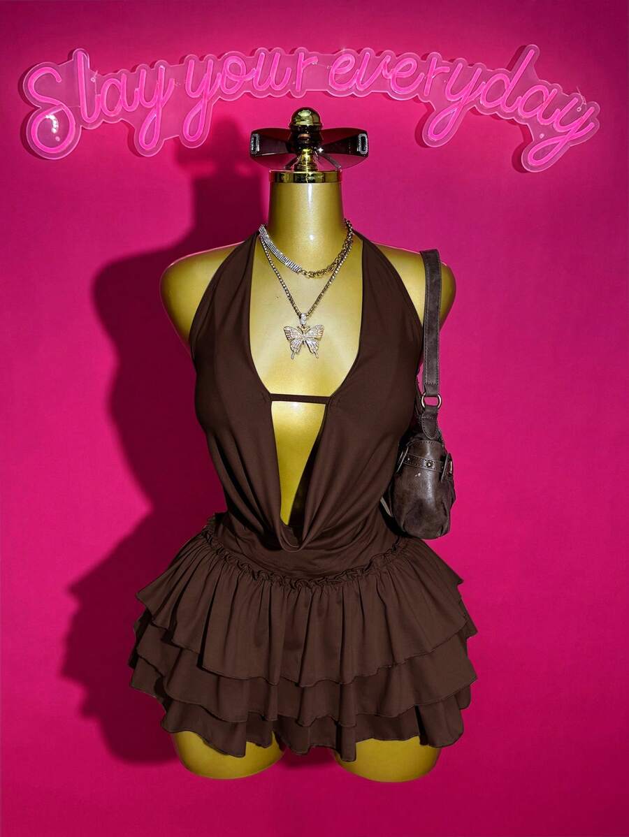 Slaydiva 2025 Spring/Summer New Sexy Street Style Solid Color Halter Tie-Up Deep V Neck Sleeveless Crop Top + Layered Ruffle Bow Decor Mini Skirt 2-Piece Set, Suitable For Music Festivals, Easter, Graduation, Daily Wear - Brown - View 1