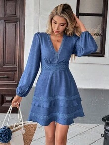 Breezaya Women's Solid Color Lace V-Neck Lantern Sleeve Fashion Dress Fall Cloth For Women