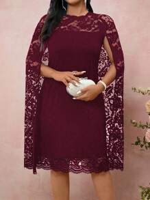 Cravure Women's Plus Size Round Neck Slit Long Sleeve Cape Loose Fit Lace Dress Summer Women Outfit Spring Dress Elegant Lace Dress Wedding Women Dress Romantic Dress Wedding Guest Business Casual Dress - Burgundy - View 5