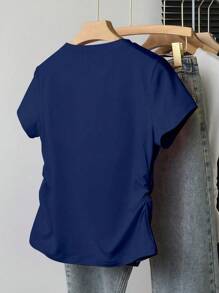 INAWLY Plus Size Women's Summer Casual Bowknot Print Gathered T-Shirt - Navy Blue - View 2