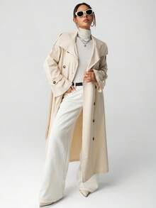 SHEIN ICON 女士中长款高领优雅通勤风衣秋冬 - 卡其色 - 查看 9