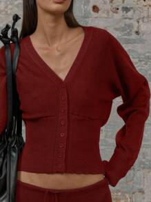 MUSERA 针织V领纽扣罗纹腰带收口开衫，春季Y2K 90年代休闲可爱机场度假夏季假期冬季日常工作办公室时尚情人节 - 酒紅色 - 查看 5