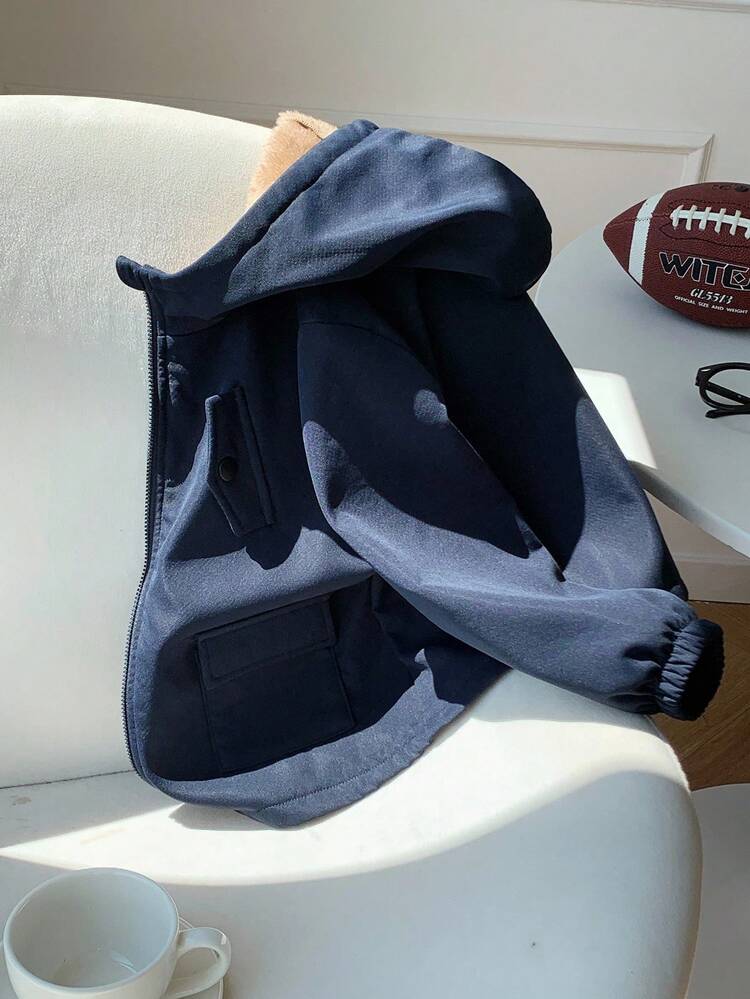 SHEIN 男童海军蓝拉绒休闲厚垫连帽夹克，适合返校、秋冬季穿着 - 藏蓝色 - 查看 4