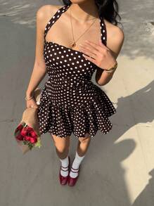 SHEIN EZwear 女式性感波尔卡圆点印花露背挂脖迷你连衣裙，夏季 - 棕色 - 查看 4