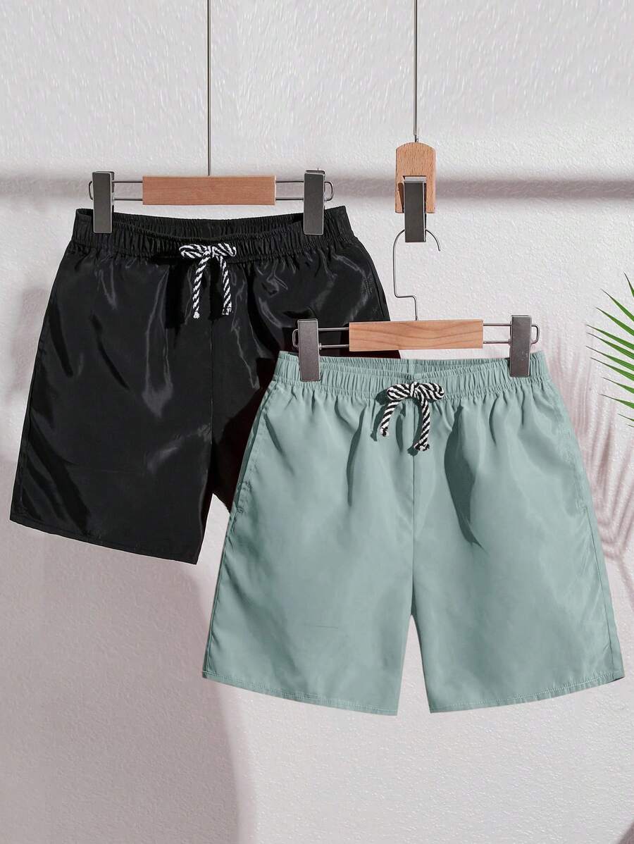 SHEIN 2 件套青少年男童纯色宽松梭织休闲沙滩/泳裤，2 种颜色