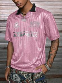 AXEPEAK Men's Summer Fashion Letter Graphic Short Sleeve Polo Shirt, Emo, 2000s Style - Pink - View 4