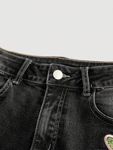 ROMWE Fairycore 女式 Y2k 夏季复古蝴蝶亮片刺绣七分牛仔裤 - 黑色 - 查看 3