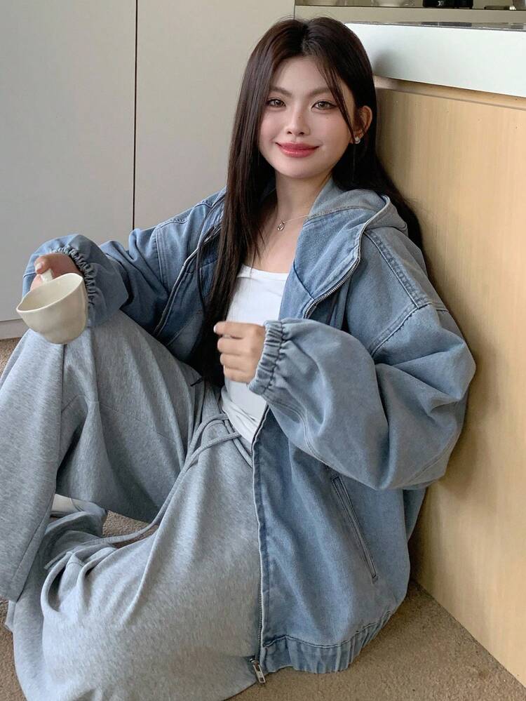 Dazy Plus Light Wash Blue Hooded Zip-Up Loose Lantern Sleeve Hem Drawstring Denim Jacket, Plus Size Women, Fall Women Jacket