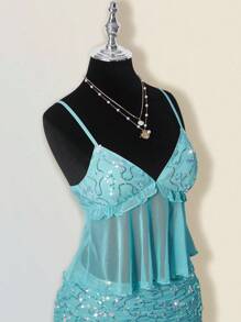 SHEIN ICON Women's Summer Casual Vacation Ruffle Trim Camisole Top & Mini Skirt 2 Pieces Set Fall Women Clothes Aqua Dress Sequin Dress - Teal Blue - View 7