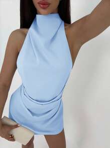 Aloruh Váy mini xếp ly hở lưng cao cấp tối giản dành cho nữ - Màu xanh nhạt - Xem 4