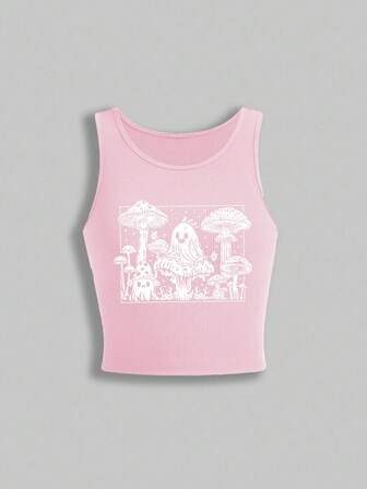 Fairycore Débardeur côtelé imprimé de champignons et fantômes de dessin animé pour filles, style décontracté