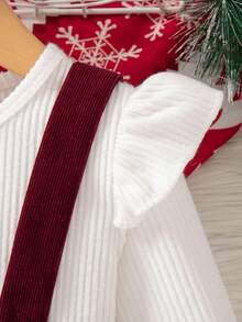 SHEIN 2 件套女婴春秋新款服装套装，罗纹长袖上衣，荷叶边袖子，灯芯绒围兜，蝴蝶结装饰，适合居家、派对穿着，配有头带 - 彩色 - 查看 6