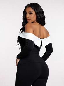 SHEIN SXY Women's Elegant Black & White Contrast Vintage Off Shoulder Blouse,Autumn Classy Top For Dining,Dates,Commute,Formal Occasions,Button-Up Corset Top - Black and White - View 5