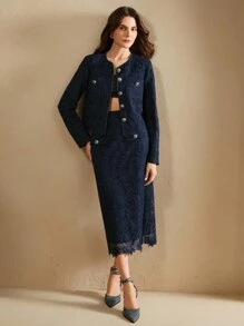 Anewsta Áo khoác ngắn màu trơn, ren tan trong nước, túi nút kim loại, phong cách Hàn Quốc cổ điển, trang trọng, phù hợp cho giáo viên, mùa thu/đông - Màu xanh hải quân - Xem 4
