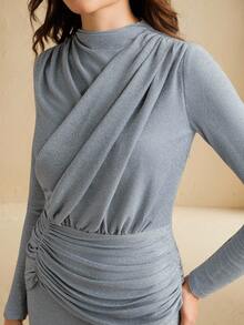 Anewsta Draped Textured High Stretch Knit Sculpting Ruched Curve Fitted Waist Long Sleeve Dress