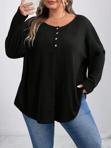 SHEIN CURVE+ Áo thun nữ tay dài cài nút phía trước màu đen, trang phục thường ngày/Mùa thu/Mùa đông - màu đen - Xem 5