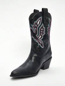 Solezae Glamorous Western Style Cowboy Mid-Calf Black Point Toe Country Rodeo Holiday Fun Fashion Shoe - Black - View 9