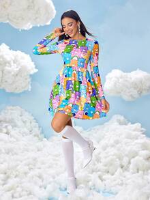 SHEIN X Care Bears 可爱满版印花长袖短款连衣裙