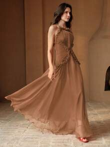 Anewsta Elegant Red Spaghetti Strap Ruched Waist Dress With Ruffled Hem, High-End Mini Cocktail Dress - Khaki - View 5