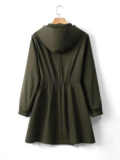 EMERY ROSE Plus Size Women Cinched Waist Hooded Windbreaker Jacket, Korean Style Casual Elegant Loose Fit High-End Summer Outerwear Fall Winter Cloth For Women Autumn