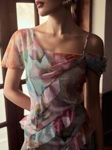 ZEYLAH Váy xếp ly bất đối xứng họa tiết hoa - Nhiều màu - Xem 2