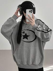 DAZY 五角星连帽衫，宽松学院风女式运动衫，秋冬款 - 灰色 - 查看 2