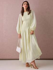 Enchnt 秋冬浪漫女士优雅奶油黄灯笼袖长裙，甜美优雅，适合度假、约会、节日、派对、毕业典礼、婚礼宾客和海滩，舞会礼服，女士太阳裙，优雅派对礼服，女士秋季礼服 - 黃色 - 查看 5