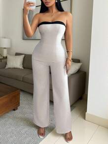 Chiquease 2 件套女士套装杏灰色吊带背心式上衣，背部有褶饰，搭配直筒裤 - 彩色 - 查看 1