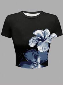 INAWLY 女士休闲花卉印花短袖T恤，夏季 - 黑色 - 查看 3