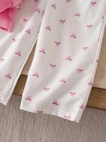 SHEIN 女婴新生儿0-3岁休闲日常蝴蝶结装饰粉色短款圆领长袖卫衣和灯芯绒裤套装，秋冬季 - 粉色 - 查看 5