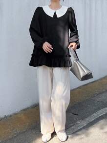 FRIFUL 女式黑色撞色翻领肩部褶皱宽松休闲下摆褶皱宽松休闲百搭衬衫，秋季长袖上衣