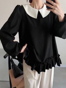 FRIFUL 女式黑色撞色翻领肩部褶皱宽松休闲下摆褶皱宽松休闲百搭衬衫，秋季长袖上衣