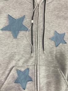 INAWLY 星星贴花保暖内衬连帽衫，秋冬休闲装 - 灰色 - 查看 4