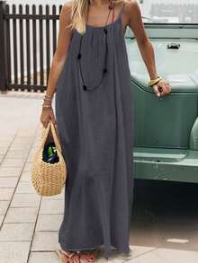 INAWLY 女式度假休闲露背细肩带连衣裙 - 深灰色 - 查看 3