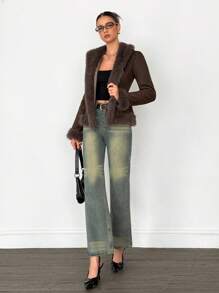 SHEIN Tall Women's Long Sleeve Open Front Faux Fur Fashion Jacket Women Brown Jacket In Fall/Winter - Brown - View 6