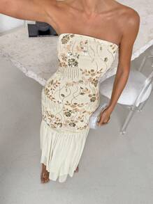 Lavishia Váy dự tiệc và ngày lễ thanh lịch màu vàng kem, thiết kế thêu hạt cườm và lưới chắp vá - Màu vàng - Xem 5