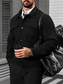 Manfinity CasualCool Men's Long Sleeve Mature Casual Solid Color Overcoat , Fall Winter - Black - View 4