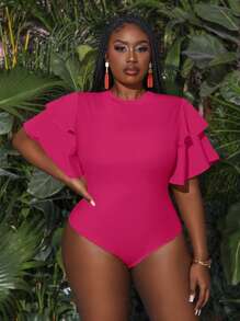 Slaydiva Plus Size Summer Holiday Multilayer Ruffle Sleeve Bodycon Bodysuit Bodysuits For Women Pluswhite Bodysuitplus Size Bodysuit - Hot Pink - View 1