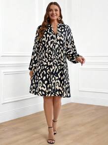 EMERY ROSE 加大码V领长袖全印花宽松优雅秋季连衣裙 - 彩色 - 查看 1